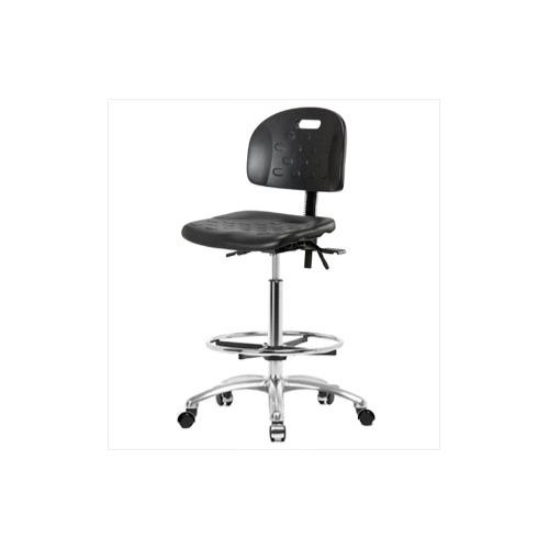 industrial polyurethane high bench height chair with chrome base, with tilt, no arms, chrome foot ring, chrome casters