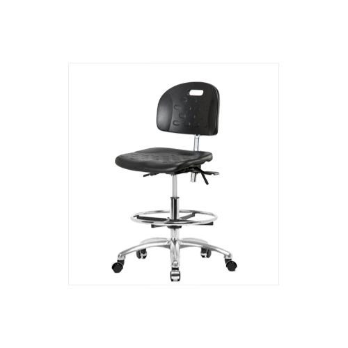industrial clean room polyurethane medium bench height chair with chrome base, no tilt, no arms, chrome foot ring, chrome casters