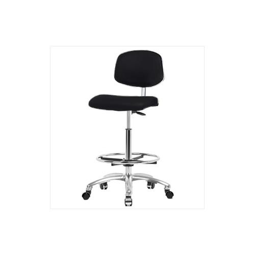 basic clean room vinyl high bench height chair with chrome base, chrome foot ring, glides, navy