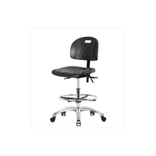 industrial polyurethane medium bench height chair with chrome base, no tilt, adjustable arms, chrome foot ring, glides