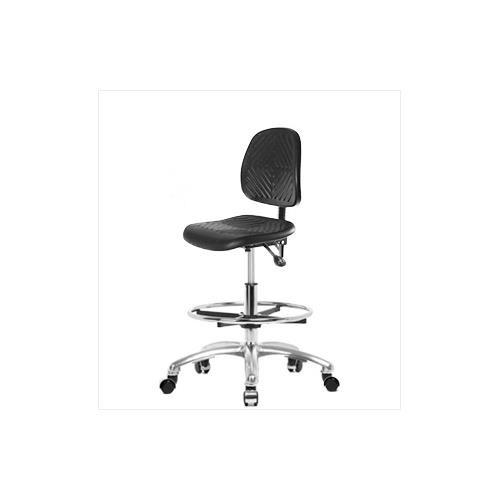 polyurethane medium bench height chair, medium back, with chrome base, with tilt, adjustable arms, chrome foot ring, chrome casters