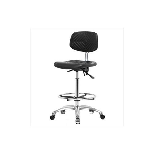 clean room polyurethane high bench height chair with chrome base, no tilt, no arms, chrome foot ring, chrome casters