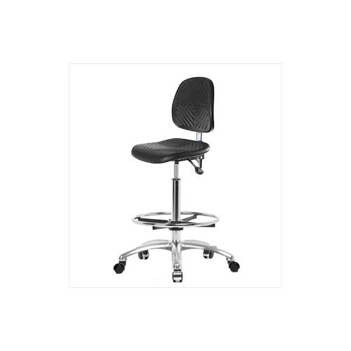 clean room polyurethane high bench height chair, medium back,with chrome base, no tilt, no arms, chrome foot ring, chrome casters (c08-0383-254)