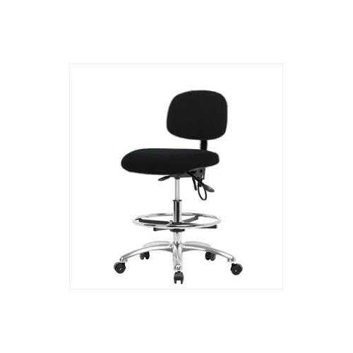 esd fabric medium bench height chair with chrome base, chrome foot ring, no tilt, adjustable arms, esd casters, black (c08-0383-609)