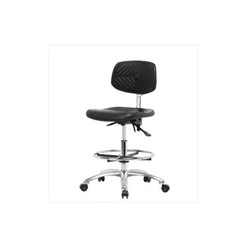 esd/clean room polyurethane medium bench height chair with chrome base, chrome foot ring, no tilt, adjustable arms, esd glides