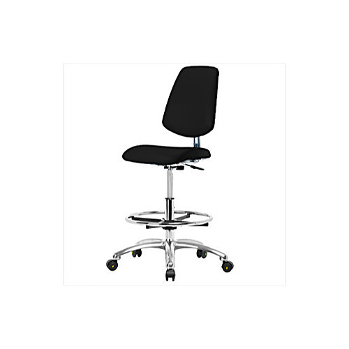 basic esd/cleanroom vinyl high bench height chair with medium back, chrome base, chrome foot ring, esd glides, black (c08-0384-513)