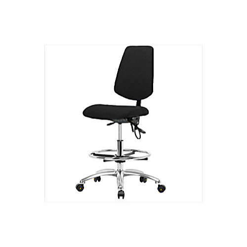 esd fabric high bench height chair with medium back, chrome base, no tilt, adjustable arms, chrome foot ring, esd casters, black (c08-0384-557)