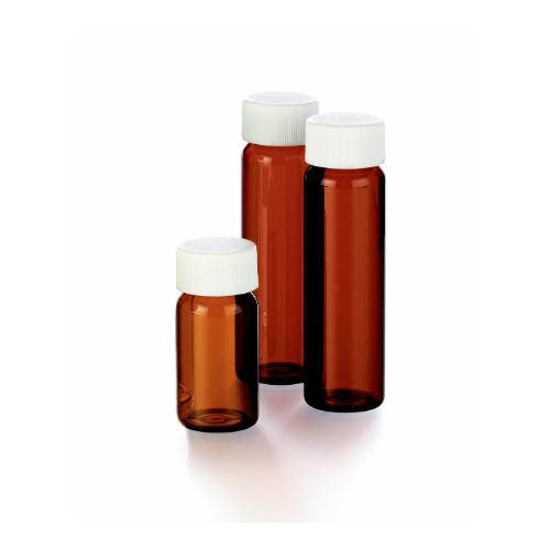 amber voa vial, 20ml, certified, white pp closed cap with ptfe-faced silicone liner