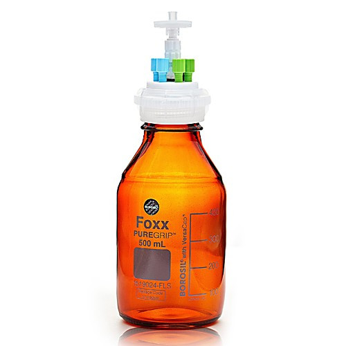 puregrip hplc solvent reservoir system with versacap gl45 and 2l (2000ml) amber glass reagent bottle, class vi ptfe adapter & safety air inlet valve, three (3x) ports- od tubing 3.2mm (1/8") or 1.6mm (1/16"), 1/ea