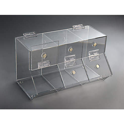 dispensing bin, 3-compartment, clear acrylic, with magnets on hopper doors