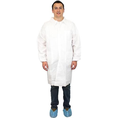 white 50 gram sms polypropylene lab coat, knit wrist, collar (c08-0593-081)