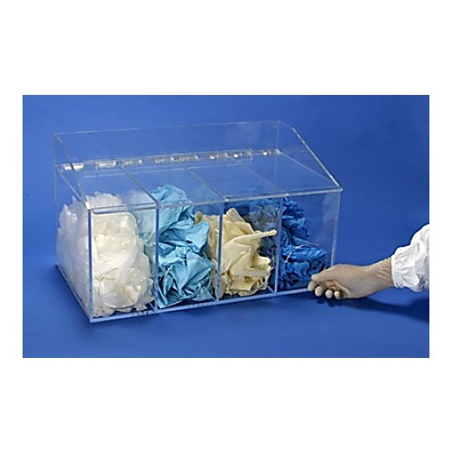 acrylic dispenser, cleanroom, gloves 4 chamber, front opening, 4 lids, clear 20 w x 12 h x 11.5 d, 1 each, formerly 163a-gd400