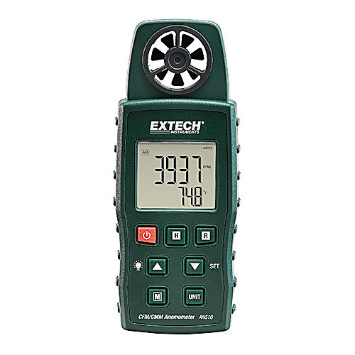 10-in-1 environmental meter, measures air velocity, air flow, air temperature, type k temperature, heat index, humidity, wet bulb, dew point, windchill, and light level