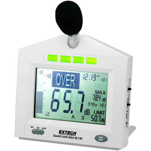 sound level alert with alarm, 30-130db meter with built-in under/over-range leds indicators