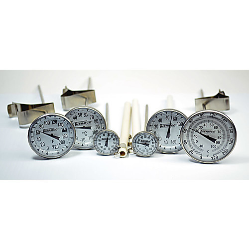 dial thermometer, 1-3/4" dial, 8" stem, pan clip, 0  to 220 f, 2.0 f div.