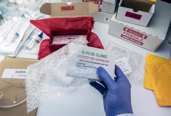 Pathology procedure kit components on a bench