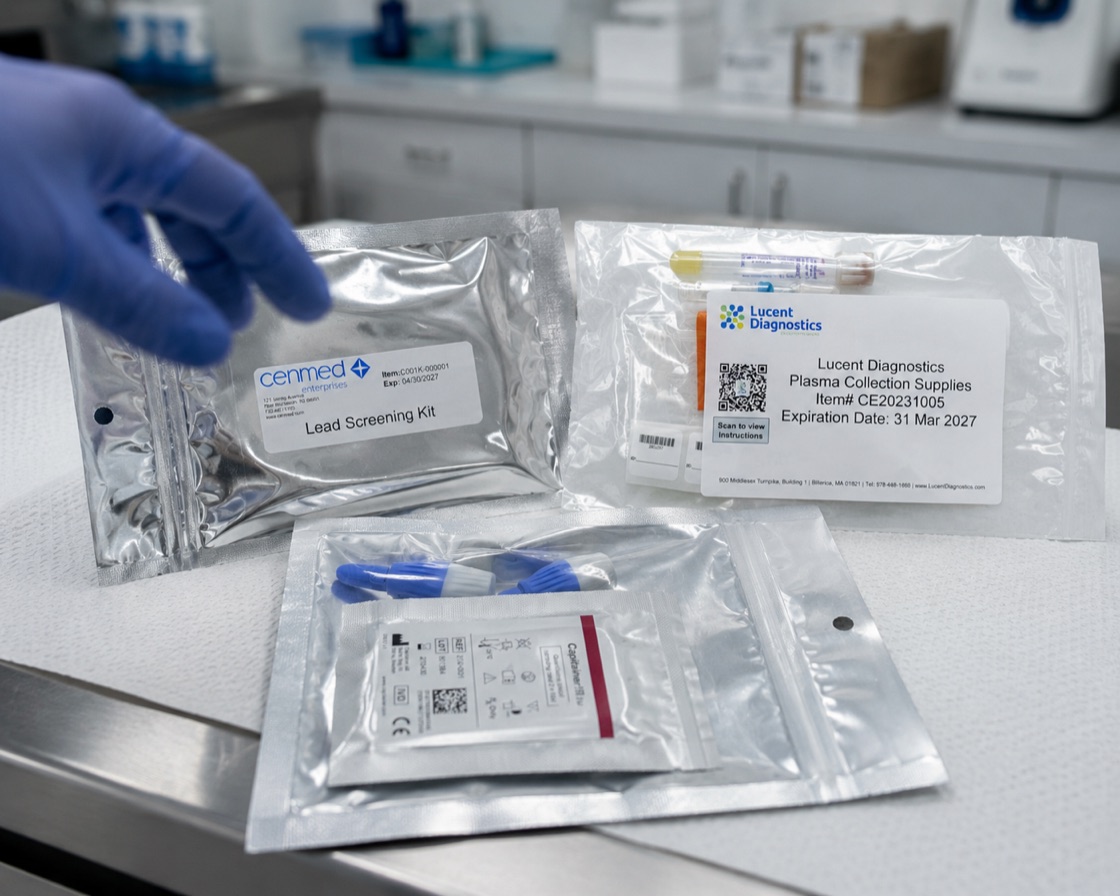 Assembled custom specimen collection kit in labelled packaging