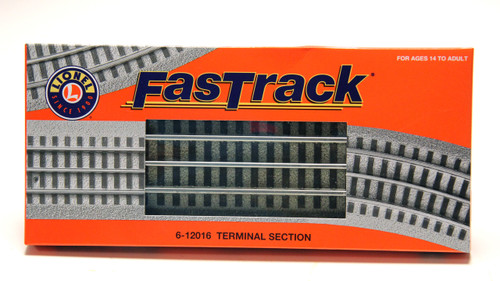 FasTrack 10-inch straight section of track with two terminal wires for connecting to transformer or a lighted accessory using track power.