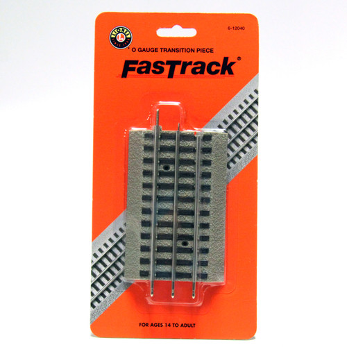 5-inch FasTrack straight section used to transition to traditional Lionel O gauge tinplate tubular track.