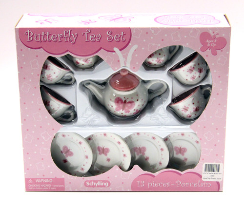 For ages 8+. 13-piece porcelain tea set comes with six tea cups, six saucer plates, and a tea pot.