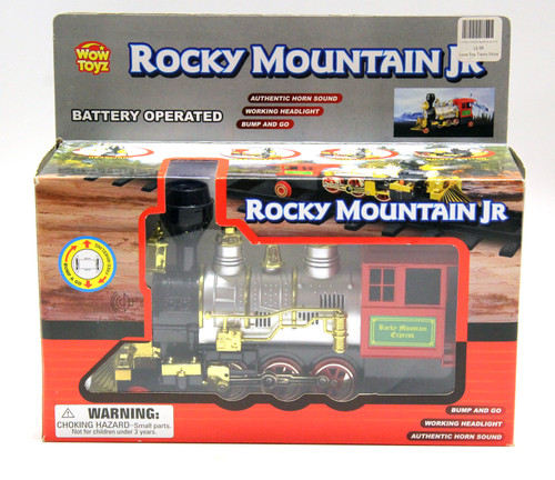 Free-wheeling battery powered locomotive features working headlight and sounds. Turn it on and watch it move about, automatically changing direction when it hits an obstacle.