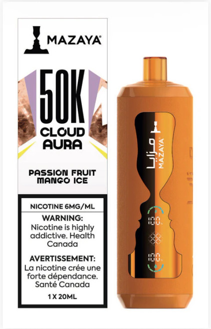 Mazaya 50K Passion Fruit Mango Ice hookah-style disposable vape available at Ace Vapes Windsor Ontario