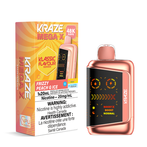 Kraze Mega X 48K Frizzy Peach G Ice (ON) disposable vape available at Ace Vapes in Windsor, Ontario, Canada.