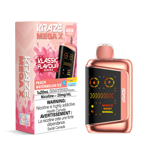 Kraze Mega X 48K Peach Watermelon Ice (ON) disposable vape available at Ace Vapes in Windsor, Ontario, Canada.