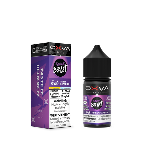 Flavour Beast x OXVA Triple Grape Ice Nic Salt 30mL bottle available at Ace Vapes in Windsor, Ontario, Canada.