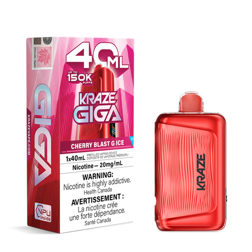 Kraze Giga 150K Cherry Blast G Ice 40mL disposable vape available at Ace Vapes in Windsor, Ontario, Canada.