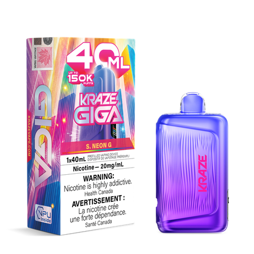 Kraze Giga 150K S. Neon G 40mL disposable vape available at Ace Vapes in Windsor, Ontario, Canada.