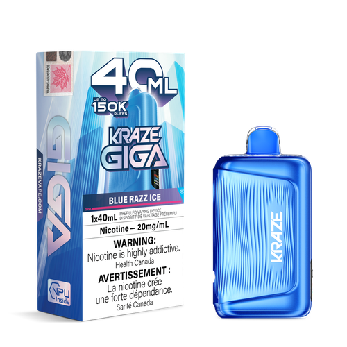 Kraze Giga 150K Blue Razz Ice 40mL disposable vape available at Ace Vapes in Windsor, Ontario, Canada.