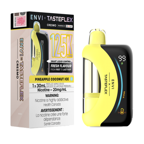 Envi Tasteflex 125K Pineapple Coconut Ice Disposable Vape with up to 125000 puffs available online at Ace Vapes Canada and Windsor.