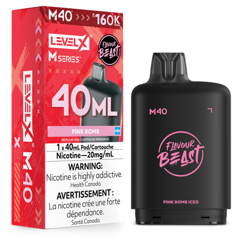 Flavour Beast Level X M Series 160K Pink Bomb Pod with 40mL e-liquid available at Ace Vapes Canada and Windsor.