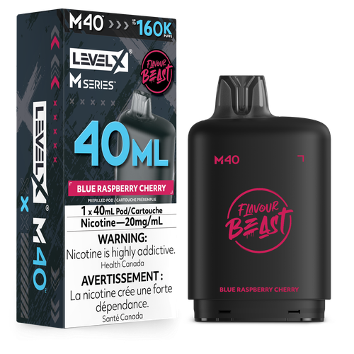 Flavour Beast Level X M Series 160K Blue Raspberry Cherry Pod with 40mL e-liquid available at Ace Vapes Canada and Windsor.