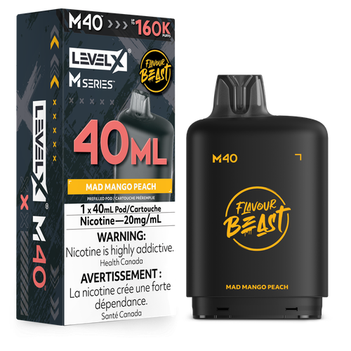 Flavour Beast Level X M Series 160K Mad Mango Peach Pod with 40mL e-liquid available at Ace Vapes Canada and Windsor.