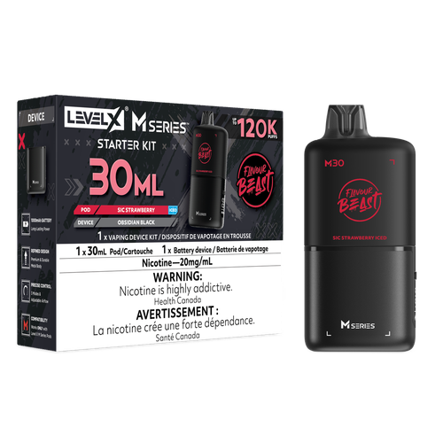Flavour Beast Level X M Series 120K Sic Strawberry Starter Kit with 30mL pod and battery available at Ace Vapes Canada and Windsor.