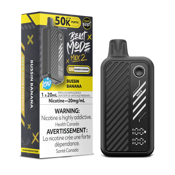 Beast Mode Max 2 50K Bussin Banana 20mg disposable vape available at Ace Vapes Windsor Ontario