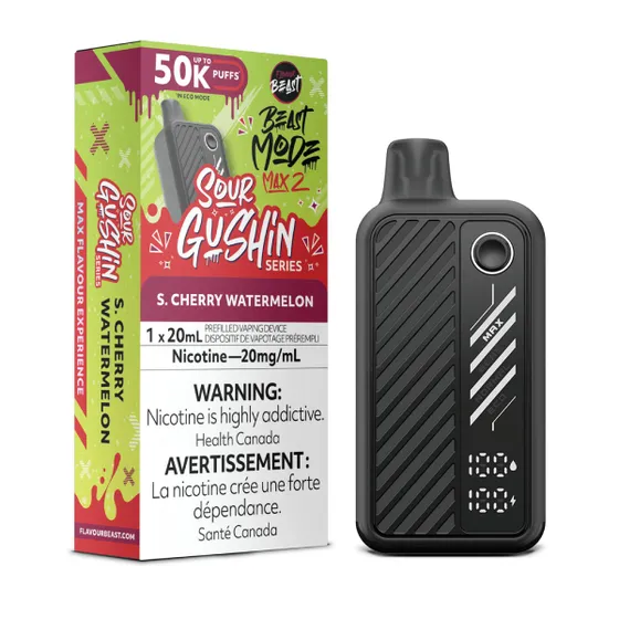 Beast Mode Max 2 Sour Gushin S.Cherry Watermelon 20mg disposable vape available at Ace Vapes Windsor Ontario