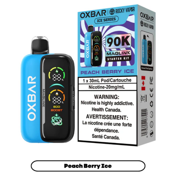The Oxbar Maglink 90K Starter Kit Peach Berry Ice is a powerful all-in-one vape system built for adult vapers who want long-lasting performance and bold flavour. This starter kit includes both the Oxbar Maglink battery device and a Peach Berry Ice pod, so it’s ready to use straight out of the box.

Designed to deliver up to 90,000 puffs, the Oxbar Maglink system offers smooth airflow, consistent vapor production, and dependable battery performance. The Peach Berry Ice flavour combines juicy peach with sweet mixed berries and a refreshing icy menthol finish, creating a vibrant and cooling vaping experience.

The device features a rechargeable high-capacity battery and the advanced Maglink magnetic pod connection system, allowing quick and secure pod replacement while maintaining reliable performance.

? Key Features

Complete starter kit (battery device + pod included)

Up to 90,000 puffs

Juicy peach and sweet berry flavour with icy menthol finish

Magnetic Maglink pod connection system

Rechargeable high-capacity battery

Smooth and consistent vapor production

Easy pod replacement design

The Oxbar Maglink system is perfect for vapers looking for a high-capacity pod vape system with long-lasting performance and refreshing flavour combinations.

Available now at Ace Vapes – your trusted vape store in Windsor, Ontario. Order online for fast local pickup in Windsor or Canada-wide shipping.