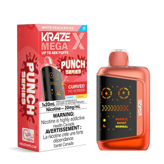 Kraze Mega X 48K White Peach KO Ice disposable vape 20mg Canada Windsor