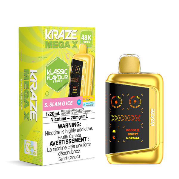 Kraze Mega X 48K S. Slam G Ice (ON) disposable vape available at Ace Vapes in Windsor, Ontario, Canada.