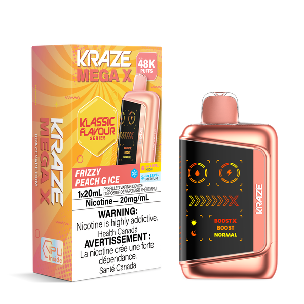 Kraze Mega X 48K Frizzy Peach G Ice (ON) disposable vape available at Ace Vapes in Windsor, Ontario, Canada.