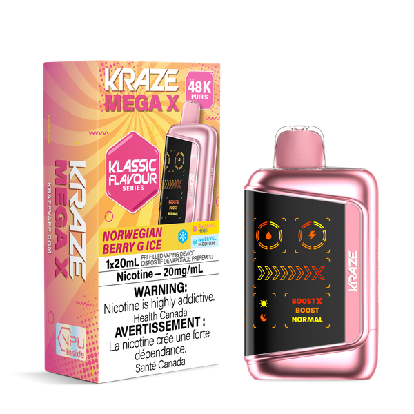 Kraze Mega X 48K Norwegian Berry G Ice (ON) disposable vape available at Ace Vapes in Windsor, Ontario, Canada.