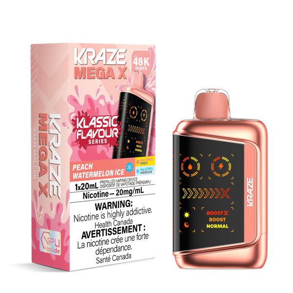 Kraze Mega X 48K Peach Watermelon Ice (ON) disposable vape available at Ace Vapes in Windsor, Ontario, Canada.