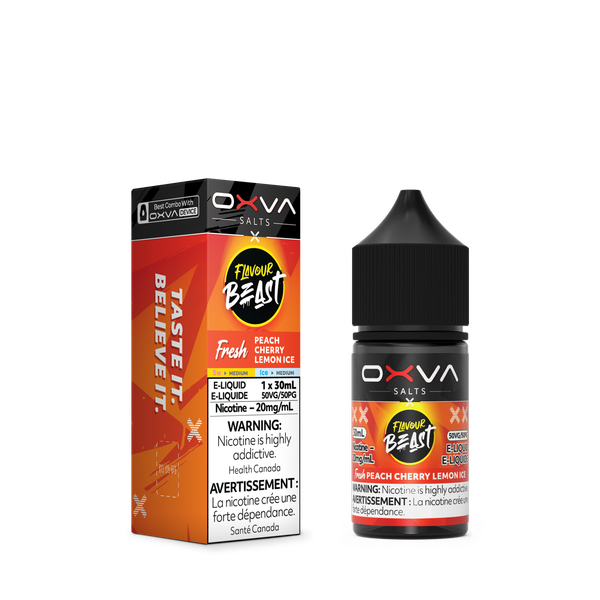 Flavour Beast x OXVA Peach Cherry Lemon Ice Nic Salt 30mL bottle available at Ace Vapes in Windsor, Ontario, Canada.