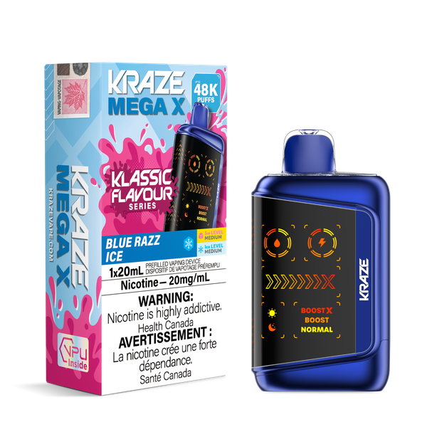 Kraze Mega X 48K Blue Razz Ice ON disposable vape available at Ace Vapes in Windsor, Ontario, Canada.
