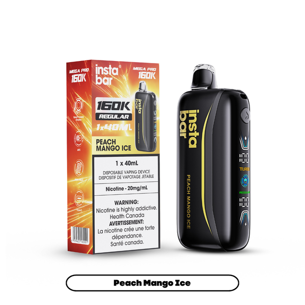 Instabar Mega Pro 160K Peach Mango Ice 40mL disposable vape at Ace Vapes in Windsor, Ontario, Canada.