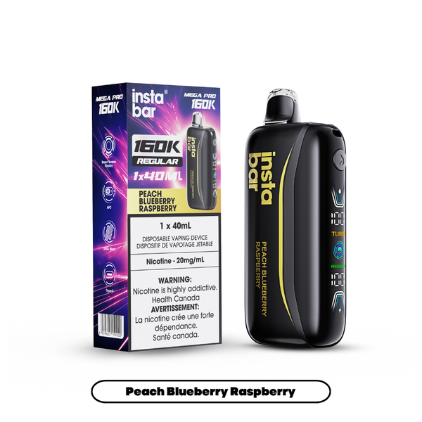 Instabar Mega Pro 160K Peach Blueberry Raspberry 40mL disposable vape at Ace Vapes in Windsor, Ontario, Canada.