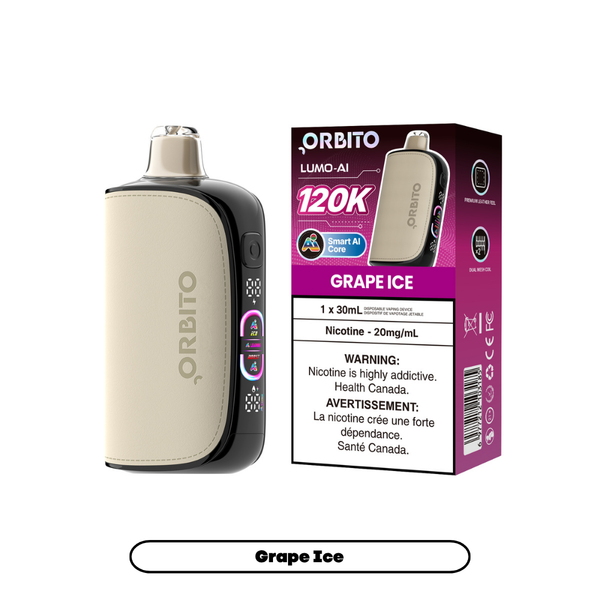 Orbito Lumo AI 120K Grape Ice 30mL Disposable Vape with up to 120K puffs available at Ace Vapes Canada and Windsor.